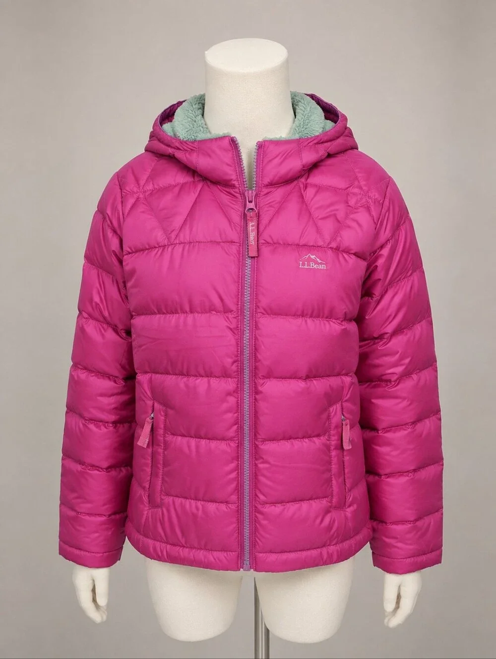 L.L.Bean Girls DownTek 650 Fill Hooded Puffer Jacket Pink NWT Size Medium 10/12